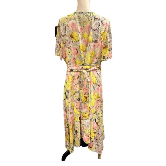 INC Wrap Dress Womens 20W Yellow Floral Midi Semi Sheer Lined Flowy Romantic - Picture 3 of 9